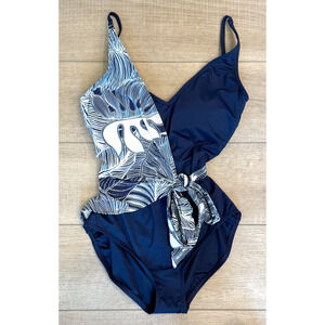 SUN OCEAN SAND X TALBOTS INDIA INK BLUE V-NECK WRAP FORAL ONE PIECE SWIMSUIT 14